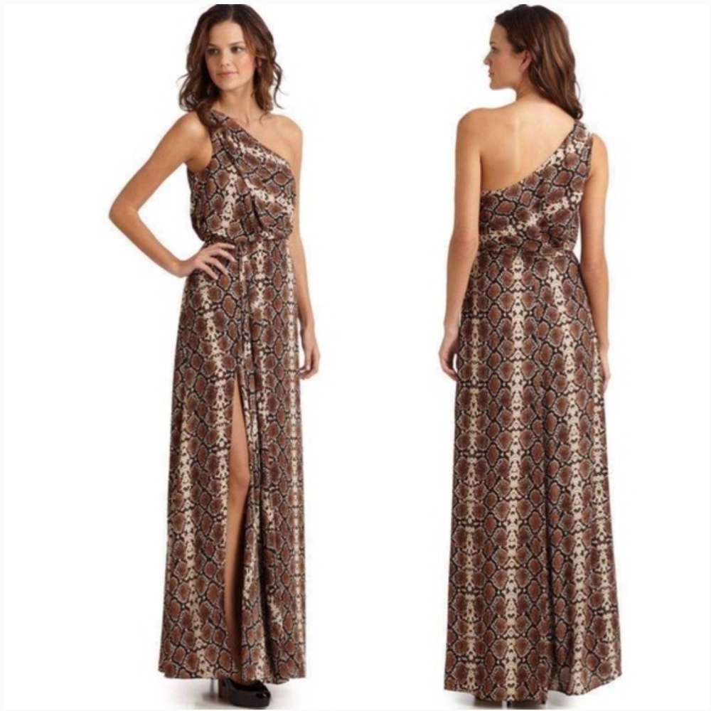 BCBG MaxAzria Kessa Snake Print One Shoulder Long Dress Gown Size 4